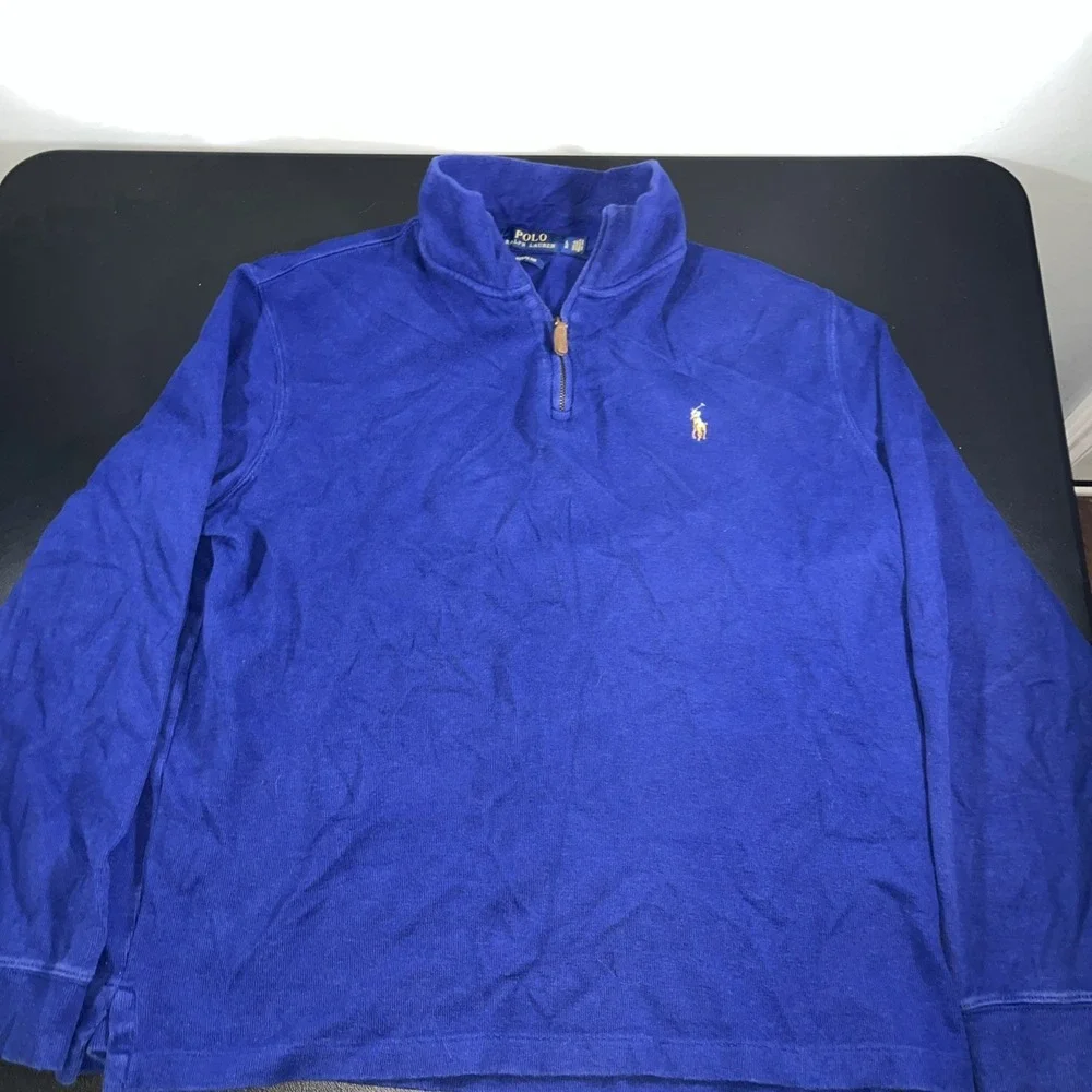 Ralph Lauren Polo Sweater Mens L Large Blue Estate Rib Flesh Pony  1/4 Zip